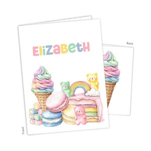 May include: A white card with the name "Elizabeth" in pastel colors. The front features a watercolor illustration of a cake, ice cream cones, macarons, teddy bears, and a rainbow. The back shows an ice cream cone.