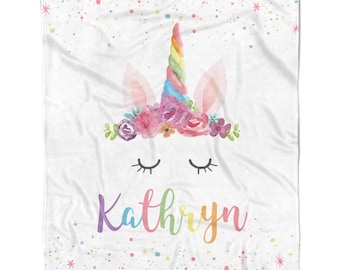 Unicorn Horn Rainbow Blanket Minky Personalized Custom 30x40 50x60 60x80 Birthday Gift Kids Children Girl Boy Baby Shower Holiday Christmas