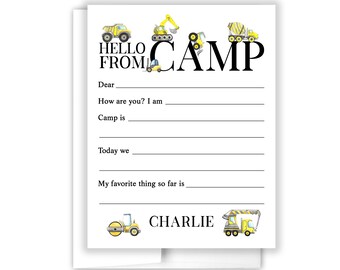 Construction Trucks Dump Hello from Camp Camping Note Personalized Cards Summer Cheer Scout Stationery Custom Care Package Gift Girl Boy