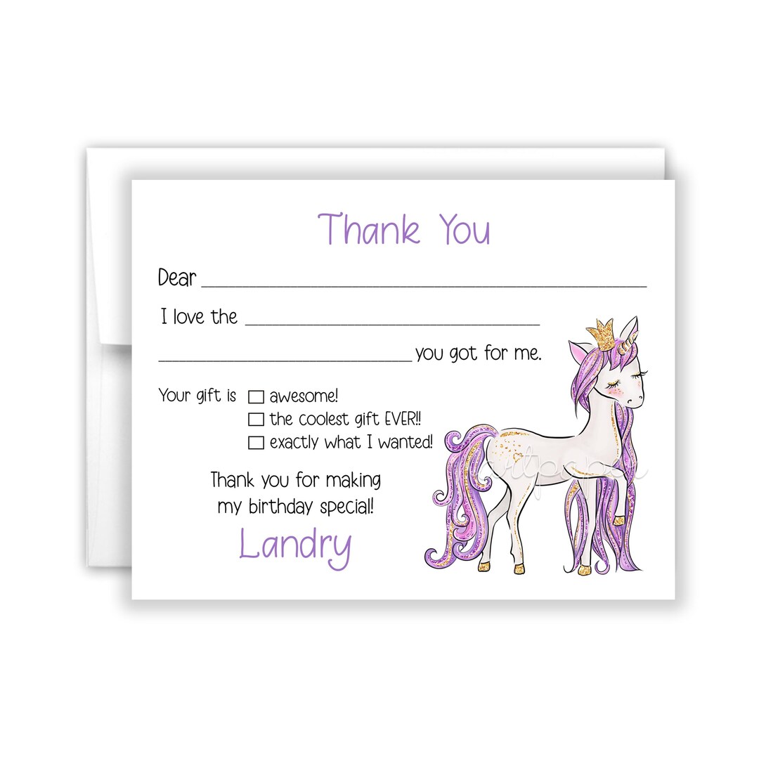 Purple Unicorn Fill in the Blank Thank You Cards Personalized • Flat ...