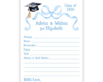 Blue Coquette Bow Bows Graduation Party Advice Wish Cards Personalized Stationery Custom Printed Party Open House Decorations Graduate Decor