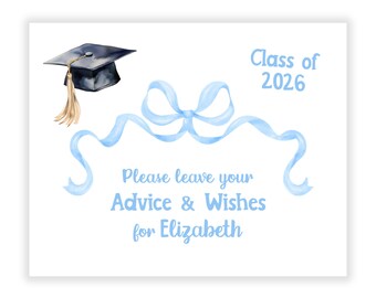Blue Coquette Bow Bows Sign Graduation Party Advice Wish Wishes Cards Personalized Stationery Custom Open House Decorations Graduate Decor