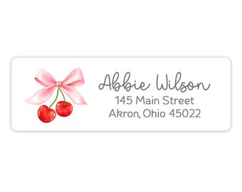 Cherry Cherries Fruit Return Address Labels Pink Bow Coquette • Personalized Custom Favor Self Adhesive Sticker • Christmas Holiday Cards