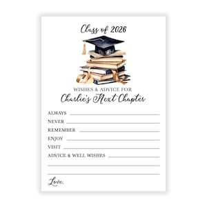 May include: White graduation advice card with the text "Class of 2026" and "Wishes & Advice for Charlie's Next Chapter." The card features a watercolor illustration of a graduation cap atop a stack of books. Lines are provided for advice.