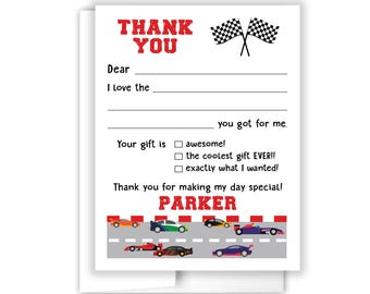Race Car Cars Fill In the Blank Lined Thank You Cards Personalized • Flat Stationery Custom Printed Notecard • Birthday Party Boy Girl Kids