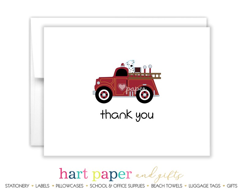 Fire Truck Firetruck Dalmatian Thank You Personalized Cards \u2022 Flat Folded Stationery Custom Printed Notecard \u2022 Birthday Party Baby Shower
