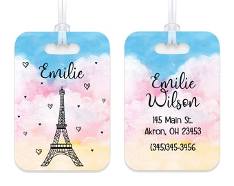 Eiffel Tower Paris Rainbow Personalized Luggage Bag Tag Plastic Aluminum  Custom Travel Birthday Girl Boy Gift Back School Christmas Holiday