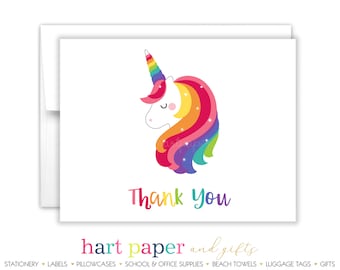 Rainbow Unicorn Thank You Personalized Cards • Folded Flat Card Stationery Custom Printed Notecard Birthday Party Baby Shower Boy Girl Kids