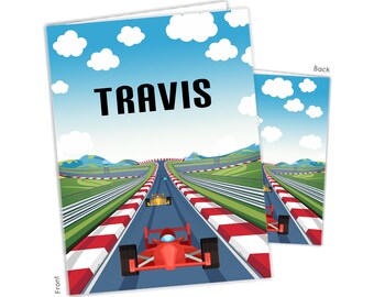 Race Car Cars Transportation Personalized Folder 2 Pocket Back School Supplies Custom Office Birthday Gift Holiday Girl Boy Kids Christmas