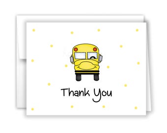 School Bus Polka Dots Thank You Personalized Cards • Flat Folded Stationery Custom Printed Notecard Birthday Party Baby Shower Boy Girl Kids