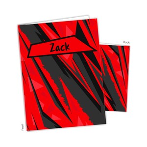 May include: Greeting card with a red and black abstract design. The front of the card has the name "Zack" in a red banner. The back of the card also has the red and black abstract design.