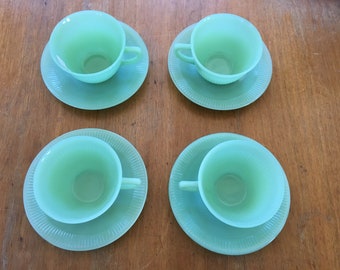 Set of 4 Vintage Fire King Jane Ray Jadeite Cup & Saucer