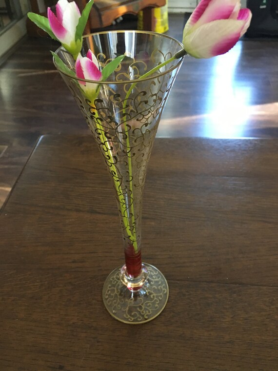 Beautiful Vintage Glass Flower Vase Gold Design Etsy