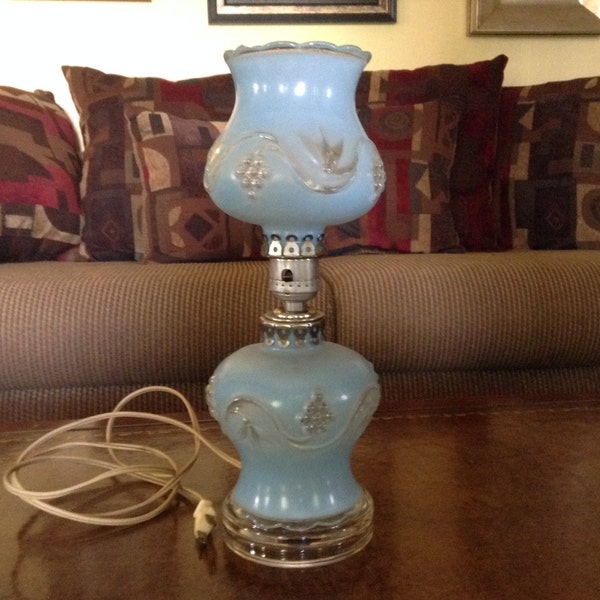 RESERVED Blue Glass Hurricane Desk Lamp