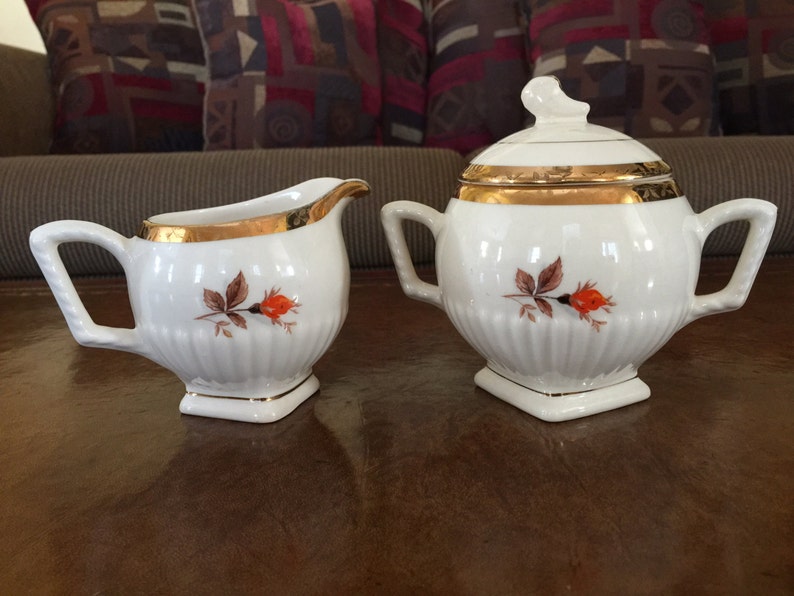 La Mode Cream and Sugar Set With Gold Trim and Orange Rose Etsy