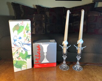 Mikasa "The Ritz" Single Light Candlesticks and Scented Avon Love Birds Tapers with Ceramic Huggers Set of 2