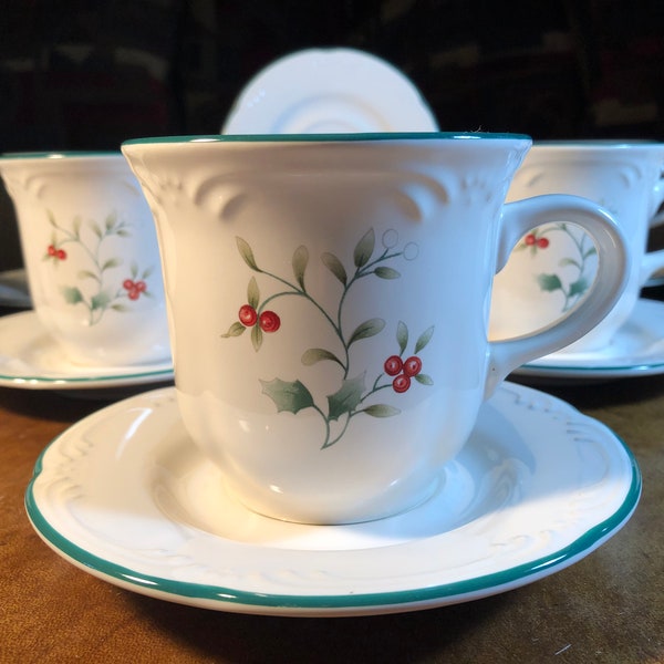 Pfaltzgraff Winterberry Stoneware Flat Cup and Saucer Set of 4 (2 Sets Total Each Sold Separately)