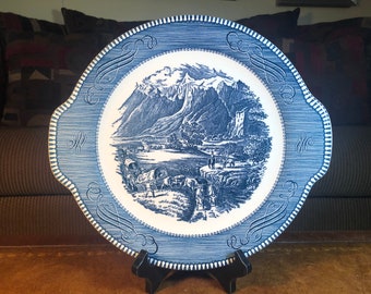 Royal USA The Rocky Mountains Currier & Ives Blue Handled Cake Plate