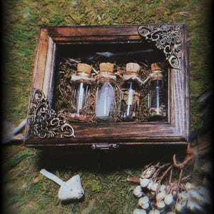 May include: A wooden box with a glass lid containing four small glass bottles with cork tops. The bottles are filled with various natural elements, such as feathers, crystals, and dried herbs. The box is decorated with ornate metal accents.