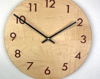 12” curly maple  with blood wood inlaid numbers wall clock hanging clock handmade clock wall clock wood clock artistic clock clock # 187
