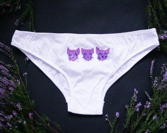 Siesta 2 / Organic cotton panties with lilac cat print / everyday undies underwear gift organic / Made to order