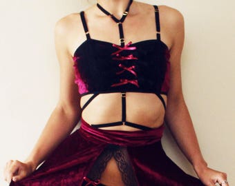 Burgundy red velvet and black lace frilly bralette / ddlg lingerie sexy lingerie gift for her lingerie set / Made to order