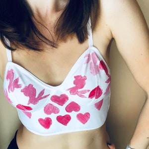 Kaleidoscope 2 / Organic cotton hand printed bralette with bunny and heart print / hand painted / lingerie ethical lingerie/ Made to order image 1