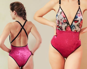 Hot pink and floral velvet bodysuit / Ready to ship