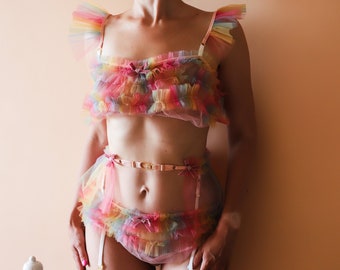 Rainbow 2 / rainbow tulle ruffle frilly lingerie set /panties bralette garter belt  / Made to order