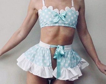 MINTY / mint polka dot and white cotton lingerie set / bralette and skirt / sexy lingerie costume erotic lingerie ddlg / Made to order