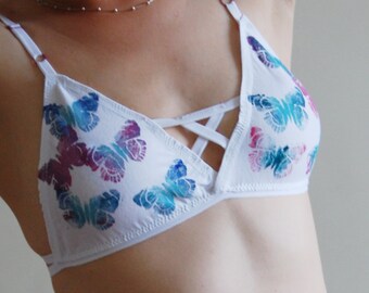 Danse des papillons / Bralette imprimée à la main en coton biologique avec imprimé papillons ombrés / Fabriqué sur commande