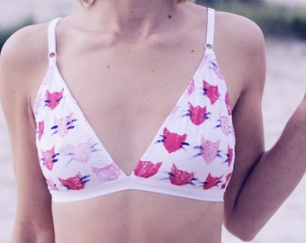 Strawberry kitty / Organic cotton hand printed bralette with kitties print / Made to order