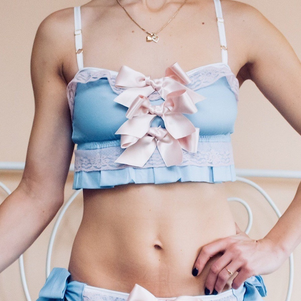 bralette Sugar Puff / lingerie  Baby blue cotton and blush pink lace bralette with ruffle and bows / ddlg lingerie bralette / Made to order
