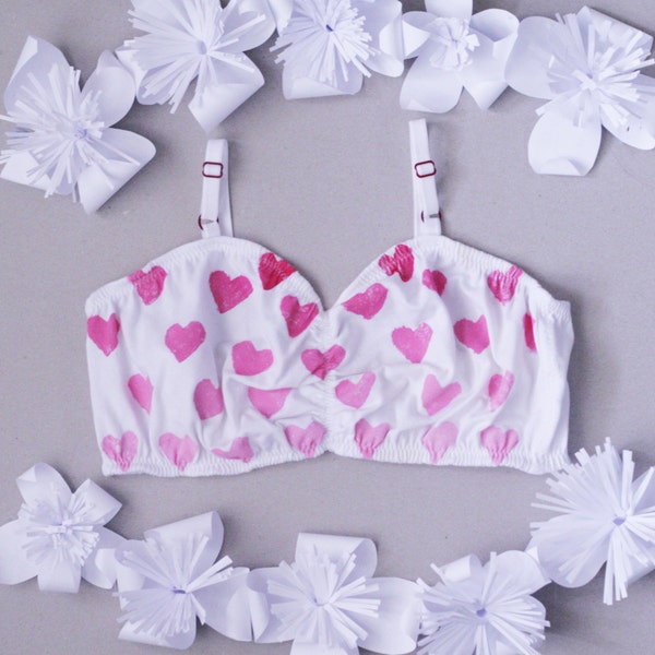 Loving / Organic cotton hand printed bralette with pink hearts / Made to order