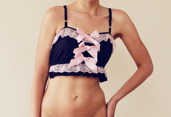 Sample Sale / Black Cotton and Pink Lace Bralette With Bows / Soft