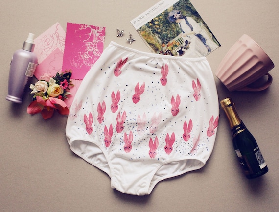 Bunny Pink / Lingerie Organic Cotton Hand Printed Panties High Cut Panties  Lingerie Organic / Made to Order 