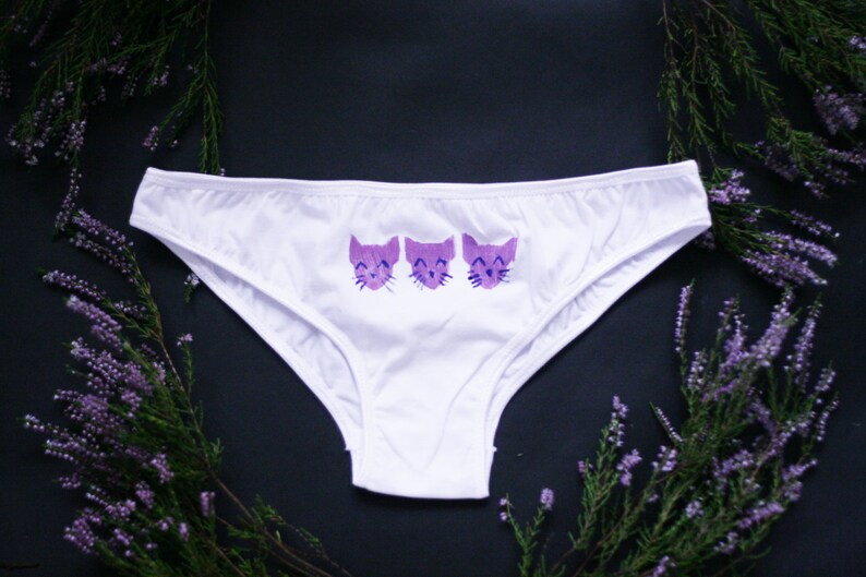 Caties Organic elastic cotton and frilly panties set with lilac cat print everyday undies underwear gift organic Made to order