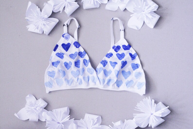 Blue heart Organic cotton hand printed bralette with ombre heart print Made to order