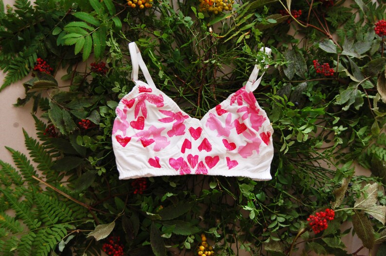 Kaleidoscope 2 / Organic cotton hand printed bralette with bunny and heart print / hand painted / lingerie ethical lingerie/ Made to order image 3