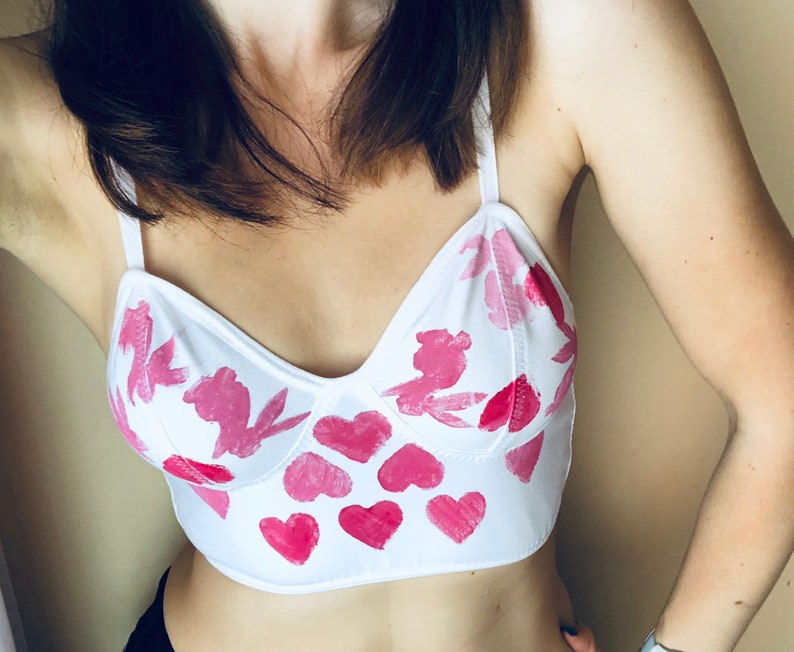 Kaleidoscope 2 / Organic cotton hand printed bralette with bunny and heart print / hand painted / lingerie ethical lingerie/ Made to order 