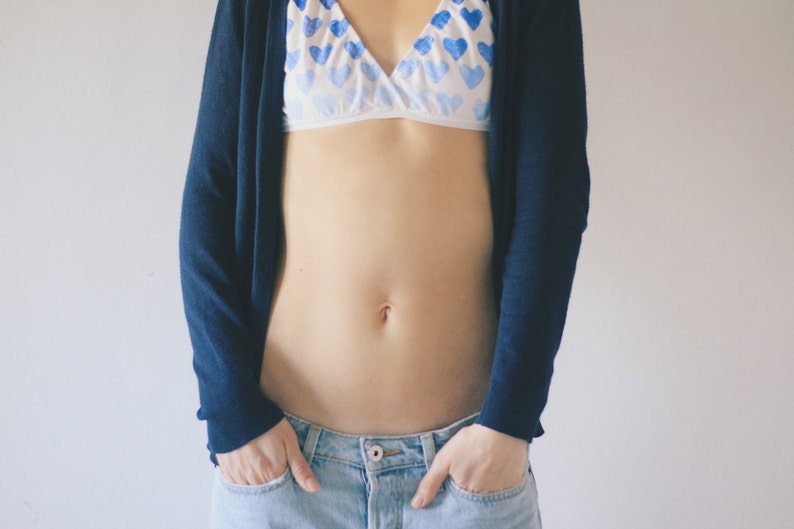 Blue heart Organic cotton hand printed bralette with ombre heart print Made to order
