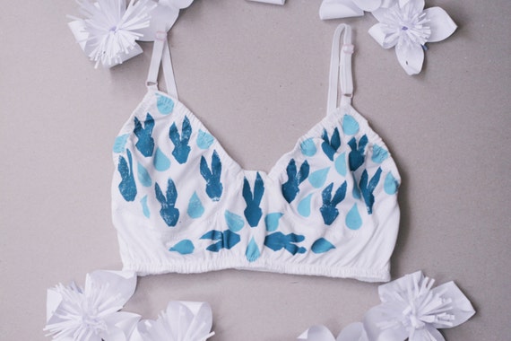 Kaleidoscope / Organic Cotton Hand Printed Bralette With Bunny and Heart  Print / Hand Painted / Made to Order 