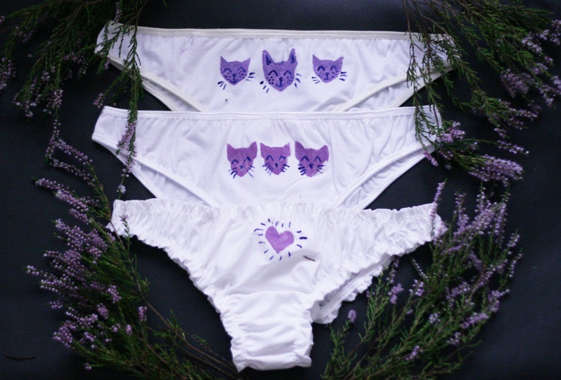 Caties Organic elastic cotton and frilly panties set with lilac cat print everyday undies underwear gift organic Made to order