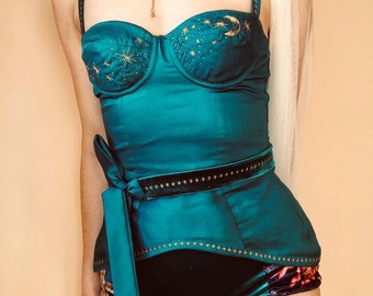 CASTELLATION / teal satin cotton corset / bustier top with hand embroidered cups and velvet belt / Made to order