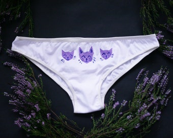 Siesta / Organic cotton panties with lilac cat print / everyday undies underwear gift organic / Made to order