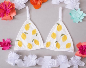 Organic Cotton Triangle Bralette | Hand Painted Amalfi Lemons | Soft Handmade Bra | Mediterranean Summer Lingerie
