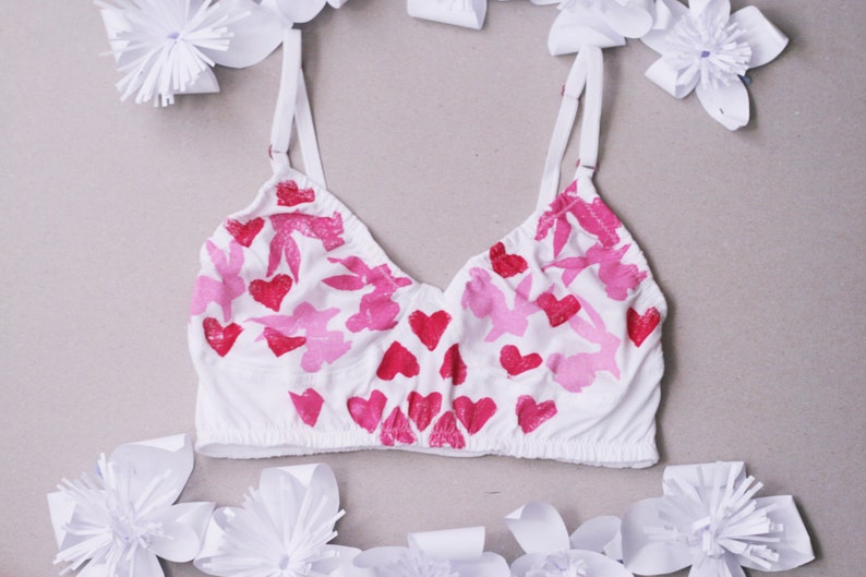 Kaleidoscope 2 / Organic cotton hand printed bralette with bunny and heart print / hand painted / lingerie ethical lingerie/ Made to order image 2