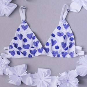 Heartly / lingerie Organic cotton hand printed bralette with hearts and dotshical lingerie / Made to order image 2