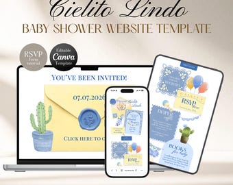 Plantilla de sitio web para baby shower Cielito Lindo Blue / Canva editable con RSVP, lista de regalos y rifa de pañales
