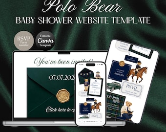 Plantilla de sitio web para baby shower con temática de osos polo estilo preppy / Plantilla editable de Canva con tema azul marino y tartán de lujo ecuestre con RSVP